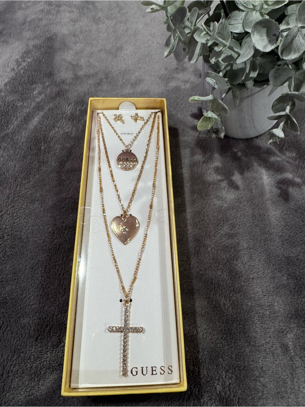 Guess Rose Gold Layered Necklace Set with Heart, Cross & Logo Disc